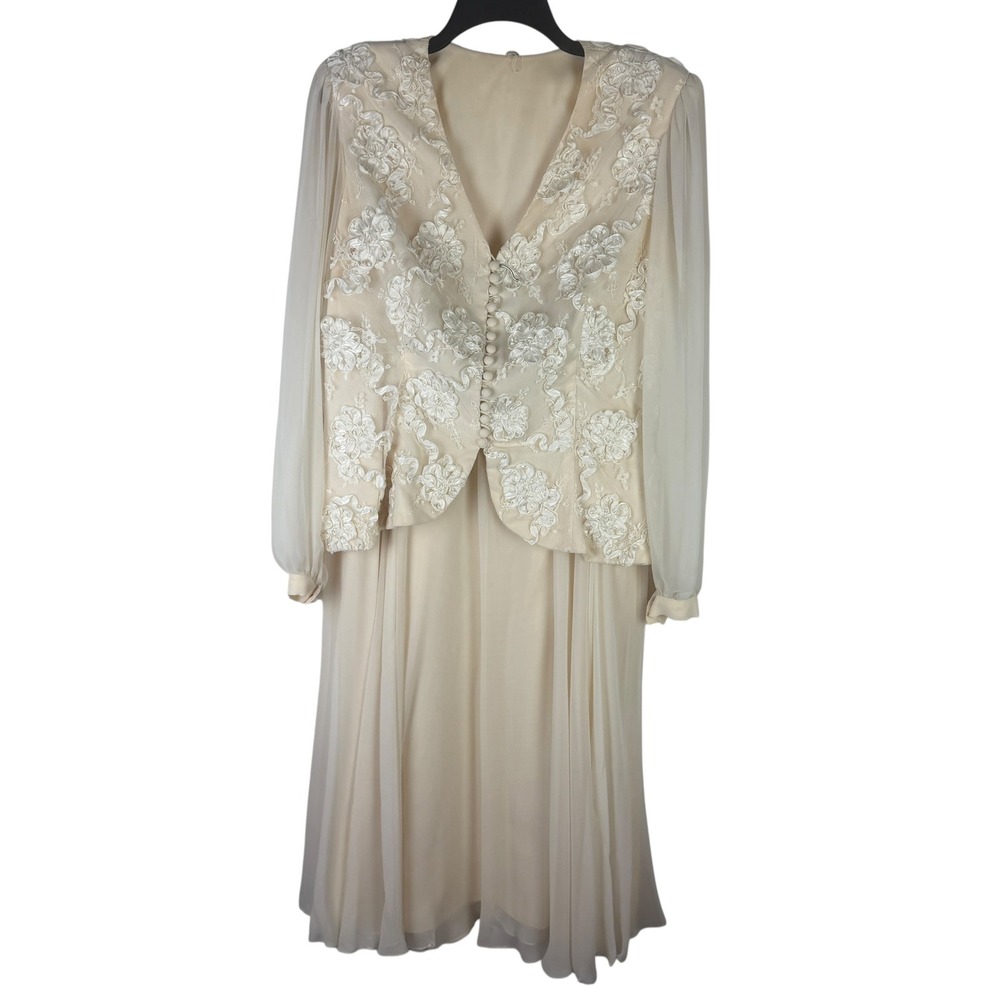 Vintage Miss Elliette Cream Embroidered Lace Chiffon Skirt Set Women's 16 1980s